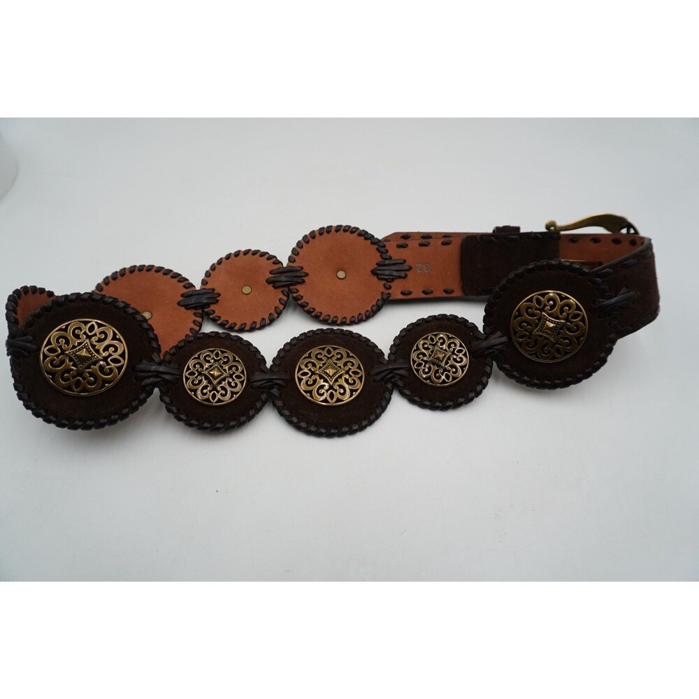 Brighton Brown Wide Suede Concho Belt Ornate Brass Medallions Western Cowgirl 3" - Picture 4 of 12